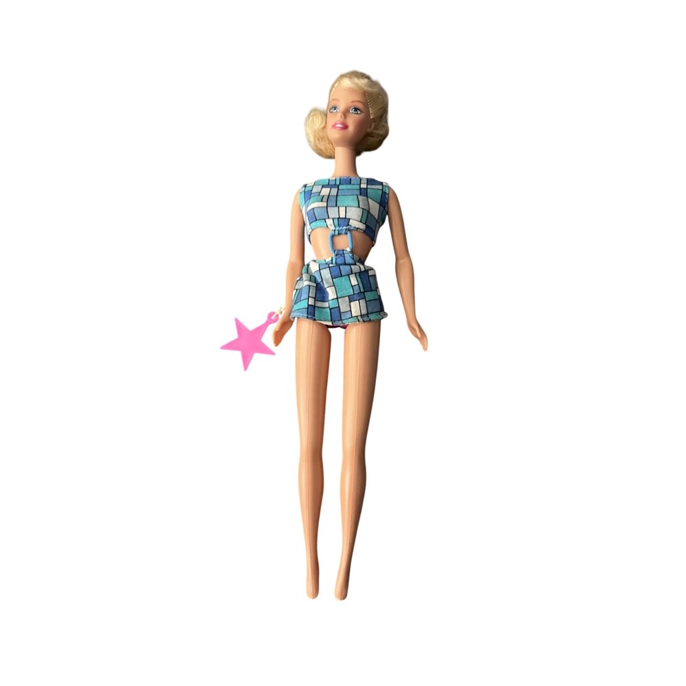 Mattel Barbie Doll Vintage Blonde Blue Geometric Outfit Pink Star Pull String
